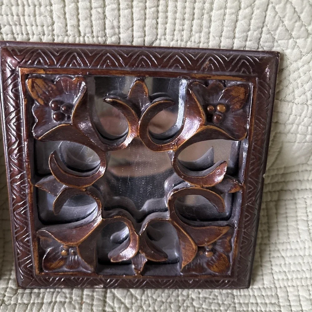 Set Bronze Color Mirrored Wall Plaques w/Floral Scrollwork Boho MCM 5.5